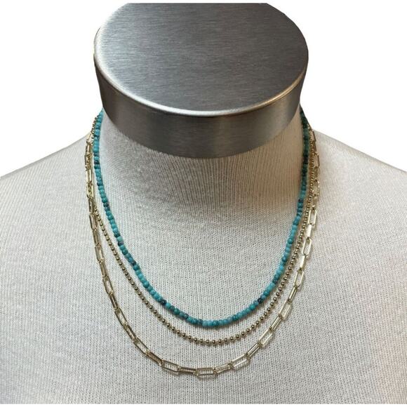 NEW J. Crew Beaded Triple Layer Gold and Turquoise Necklace - Picture 2 of 8